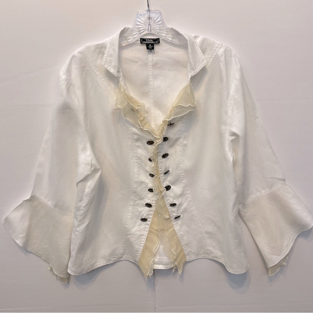 Lisa International White Linen Jacket with Cream Ruffle Detail Sz XL